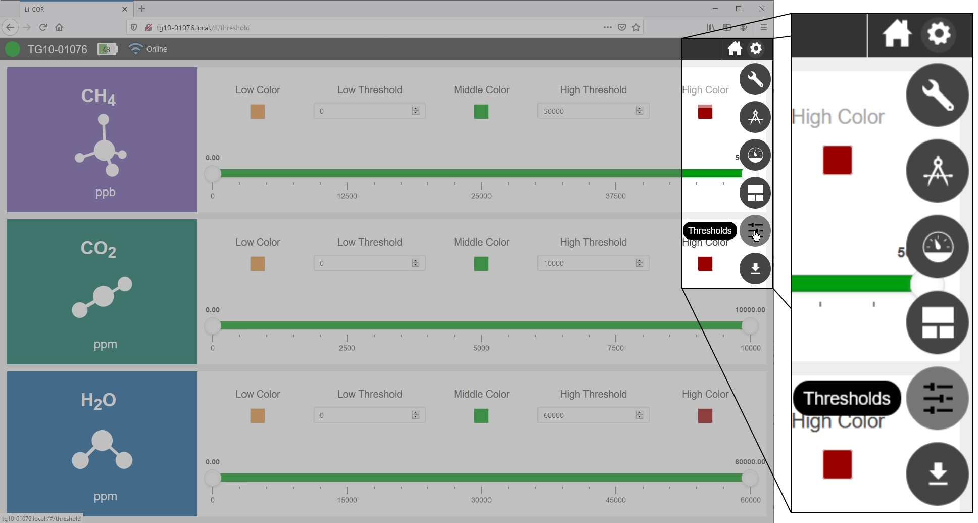 Alarm thresholds are settable.