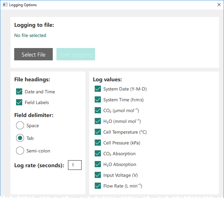 PC data logging options for the LI-850 and LI-830 configure the logging parameters. Similar for the LI-870 in stand-alone applications.